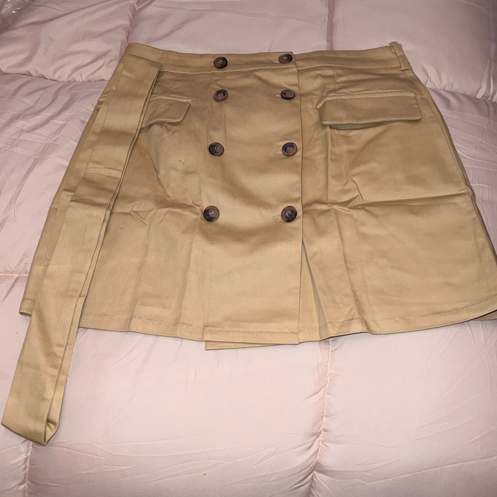 Khaki mini blazer skirt.